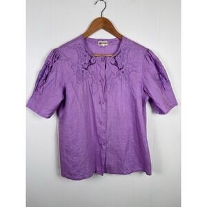 Vintage SYS Hand Embroidered Purple 100% Linen Floral Button Top Blouse Sz Large